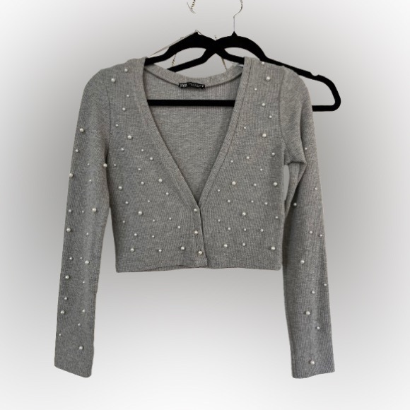 Zara Light Gray Pearl-Studded Cardigan Sweater Sz M - Picture 2 of 4